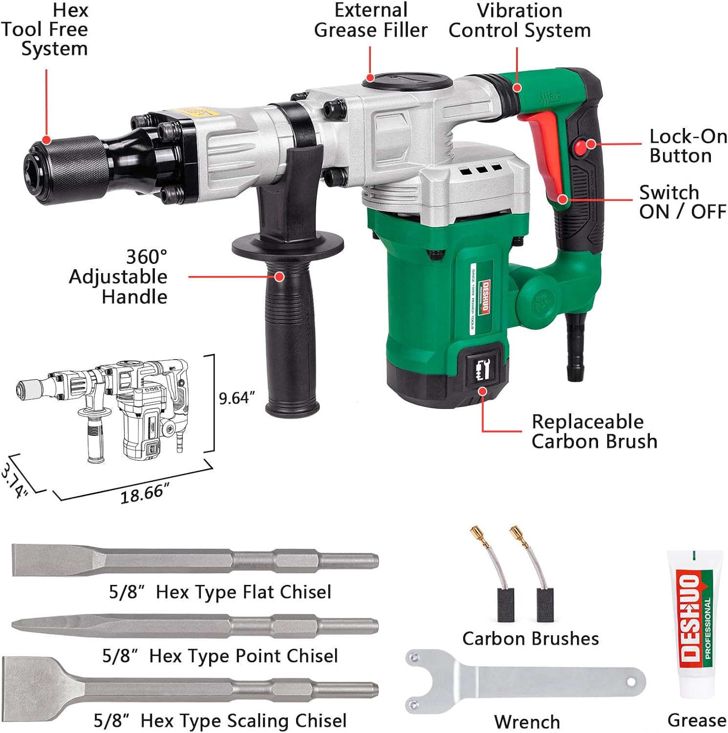 13 lb. Demolition Jack Hammer with 5/8" Hex Shank, 1200W 11-Amp Mini Corded Electric Concrete Demo Chipping Breaker Tile/Floor Removal with Carrying Case, Flat & Bull Point Chisel