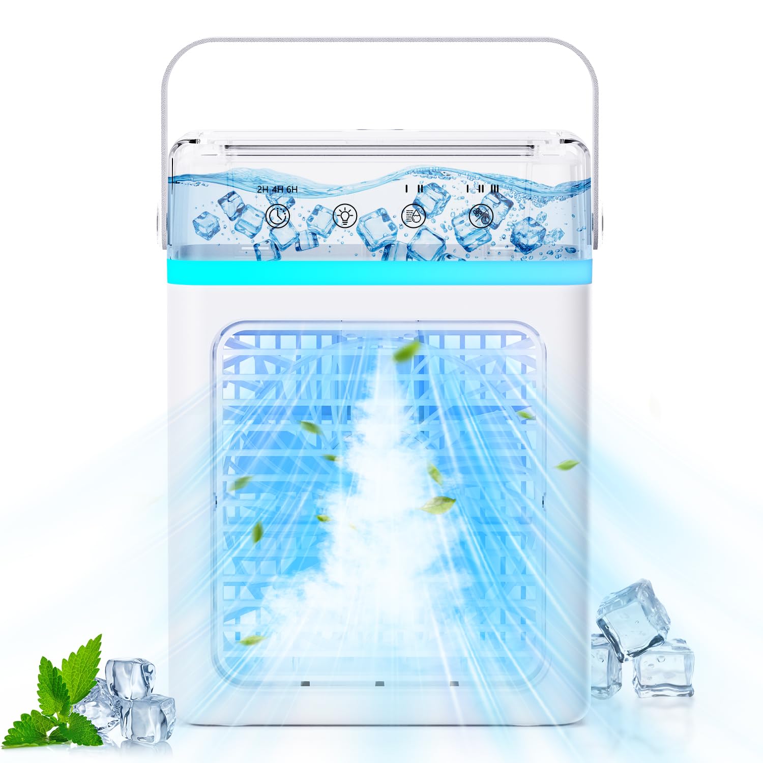 Climatizzatore Portatile 900ml Capacità con Display LED, Auto-off Timer, 4 in 1 Condizionatore Portatile 5 Velocità & 2 Spray & Nebulizzazione 4μm, Mini Raffrescatore D'aria Casa, Cucina, Dormitorio