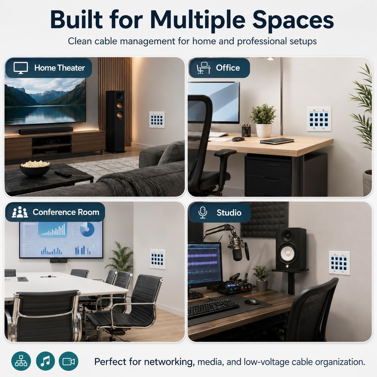 Plaque de prise murale Ethernet 12 ports Cat6 Jack RJ45 Keystone femelle vers femelle Câbles réseau Coupleur en ligne Connecteur avec montage basse tension 2 Gang Bleu