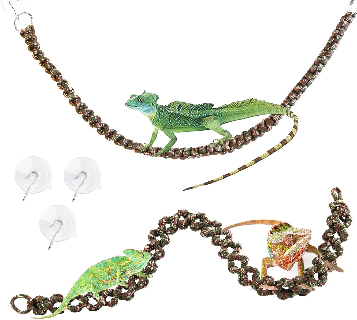 2 Pcs Reptile Vines for Climbing Bendable Jungle Vines Made of Handmade Umbrella Cord Weaving Rope Decor with 3 Suction Cup Accessories for Chameleon Crab Lizards Snakes Gecko Frog Hermit Crab