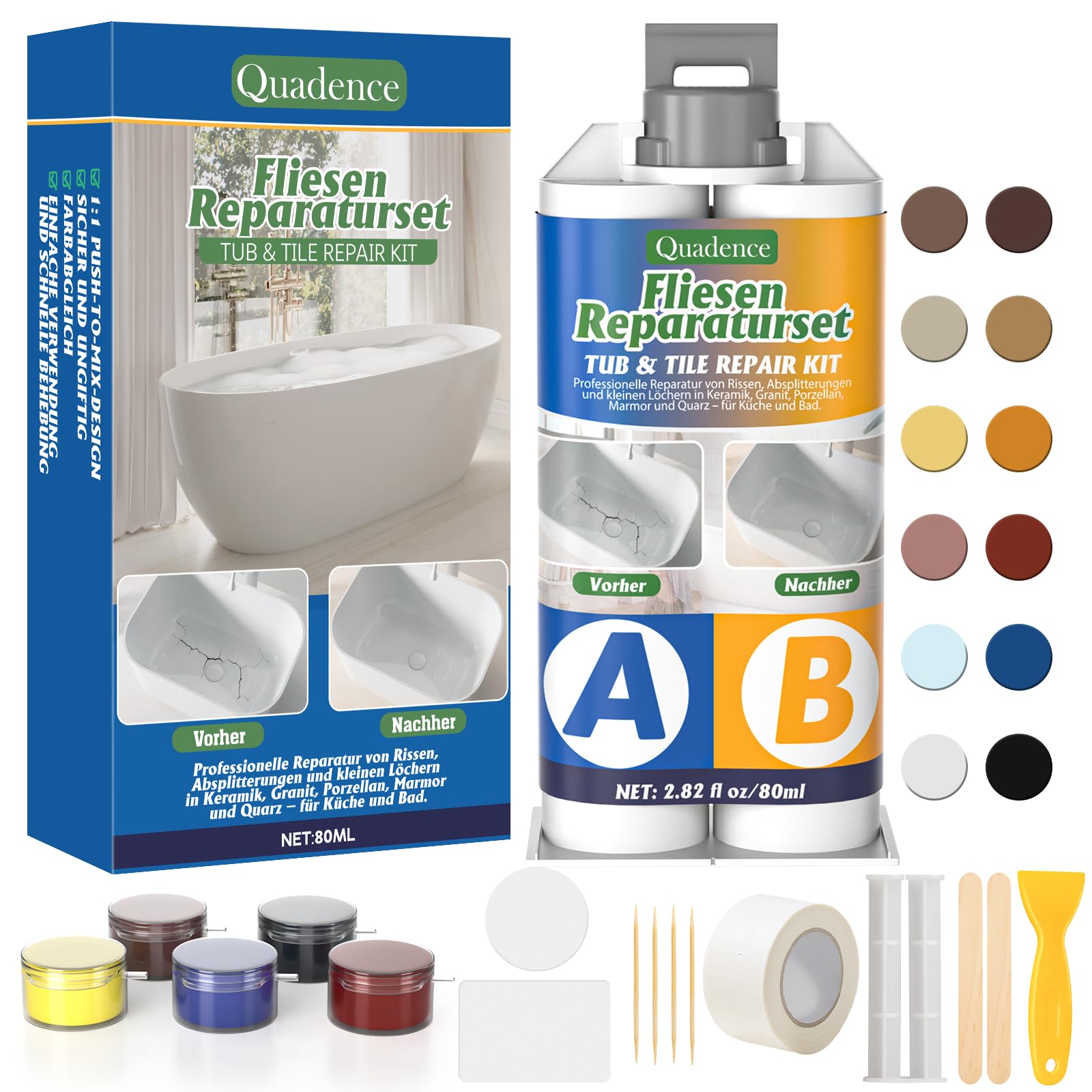 Fliesen Reparaturset – Waschbecken Keramik Weiß, Emaille Reparaturset von Quadence, Unsichtbare Farbangleichung, Wasserdicht für Bad & Dusche, für Risse, Absplitterungen & kleine Löcher