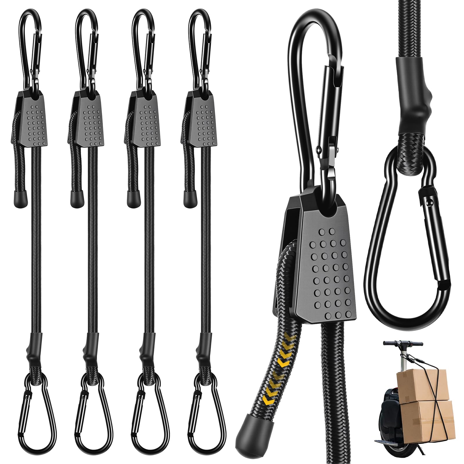 Hejo 4 Pack Adjustable Bungee Cords with Carabiner Hook, 100cm Heavy Duty Bungee Straps, Hook Telescopic Cord, Black Latex Rubber Tensioner for Car, Boat, Bicycle, Camping & Outdoor