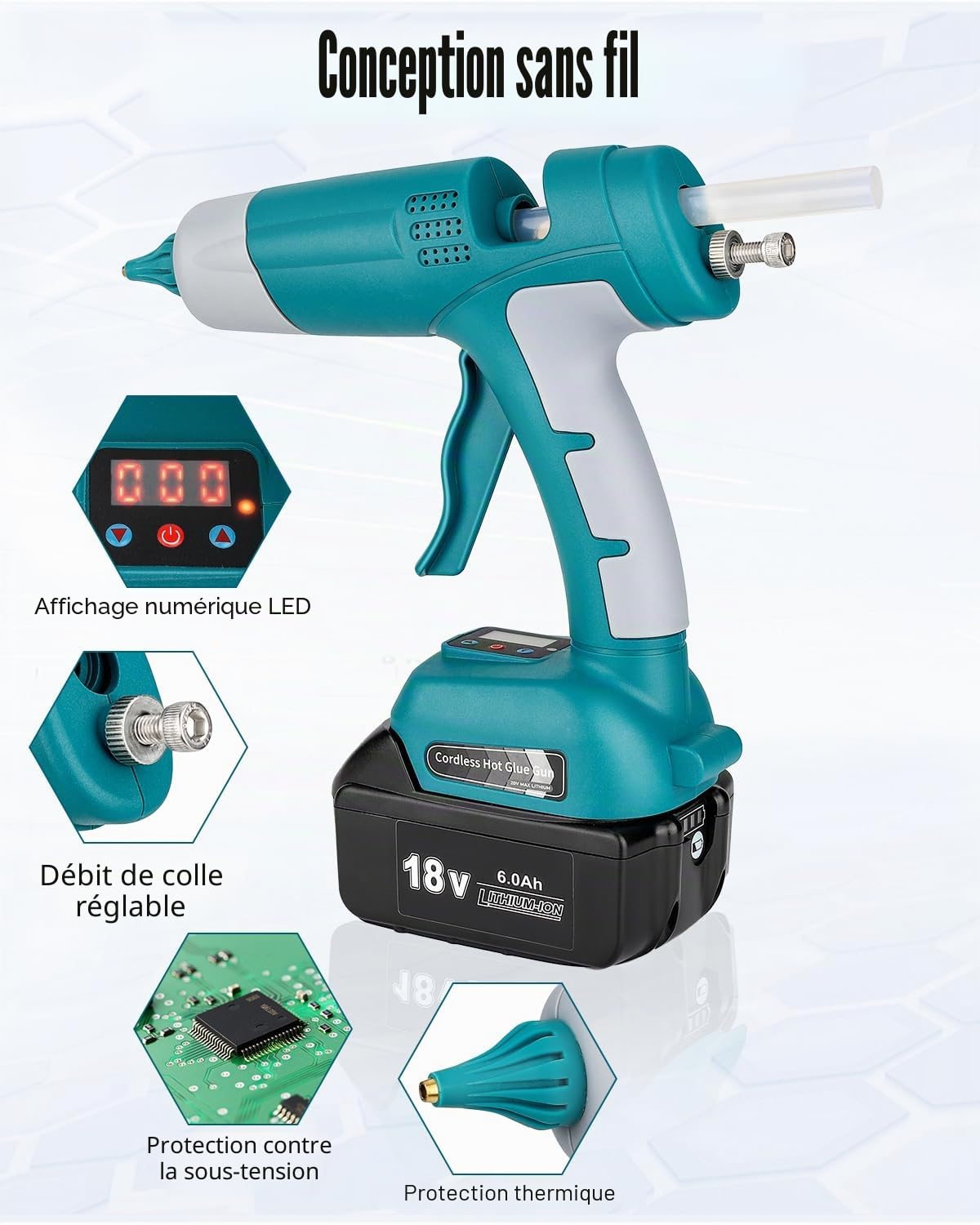 Kit de pistolet à colle chaude sans fil pour Batterie Makita 18 V LXT - Pistolet numérique LED avec 10 bâtons de colle chaude de 0,43" - Pour réparations à la maison, art et artisanat