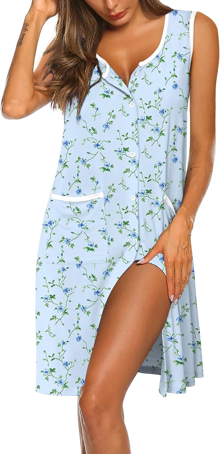 Ekouaer Nightgowns for Women Button Down Sleep Shirts Tank Sleeveless Nightshirt Soft Sleepwear with Pockets