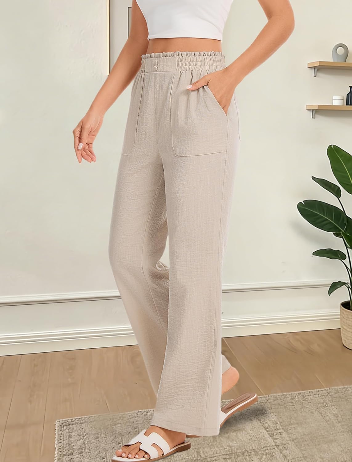 Women's Summer Casual Pants Lightweight Elastic Waist Trousers Straight Leg Loose Beach Slacks with Pockets - Image 3
