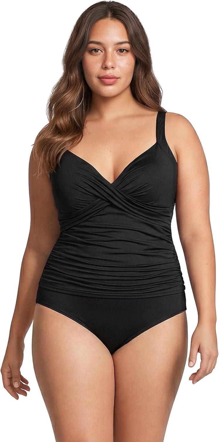 Lands' End Womens Sweetheart Wrap Underwire Tankini Top Black Plus 24w