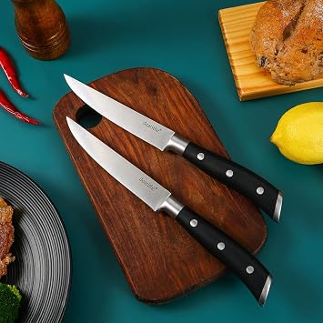 Steak Knives Set of 6,Black Full-Tang And Triple Rivet Fine-Edge Stainless Steel Sharp Blade Flatware Steak Knife Set, 5.0 Inches, For Tableware Kitchen, Dishwasher Safe