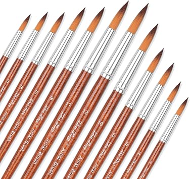 Watercolor Brushes, Round Pointed Tip Paint Brushes Set | 12 Pcs Different Sizes Paint Brushes for Watercolor Acrylics Ink Gouache Oil Tempera