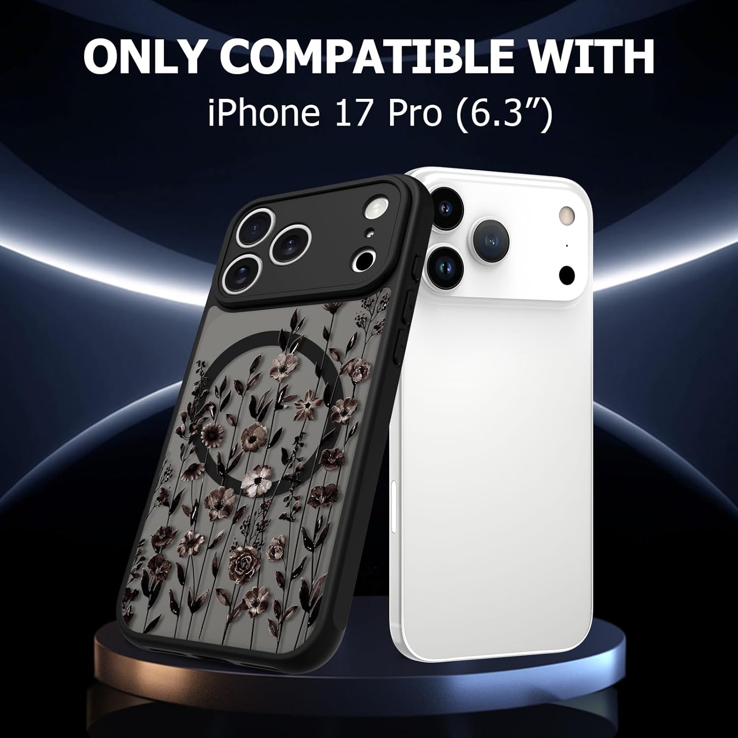 Magnetic for iPhone 17 Pro Case [Compatible with MagSafe] Cute Flower Floral Print Pattern Design, Slim Bumper Translucent Matte Protective Cover for Women Girls, Black