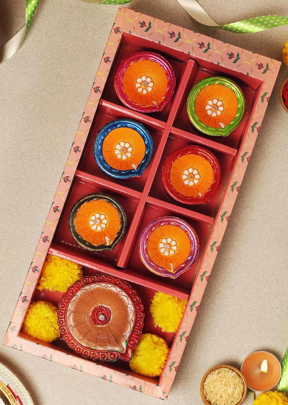 Handmade Terracotta Set of 7 Multicolor Clay Diya for Diwali/Navratri Decorations Oil Lamp Diwali Clay Diya Tea Light Holder Indian Festival Decor Diyas for Pooja & Diwali Decorations | TRBD7-02