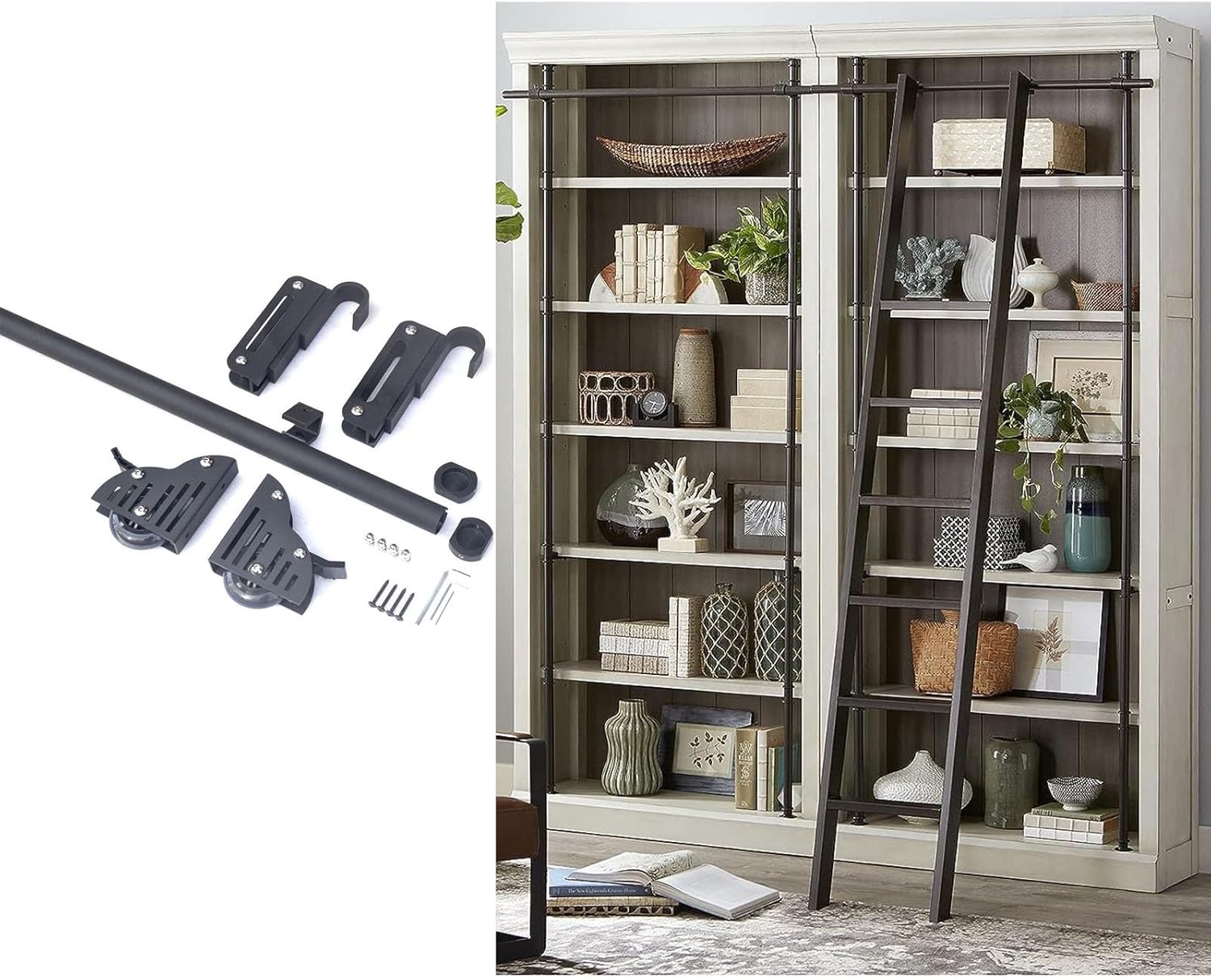 Hook On Rolling Library Ladder Track Kit, Black Round Tube Sliding Barn Ladder Library Ladder Hardware Full, for Home/Indoor/Loft/Library, Limited to Ladder Thickness 2.5cm,6.6ft/200cm Track Kit