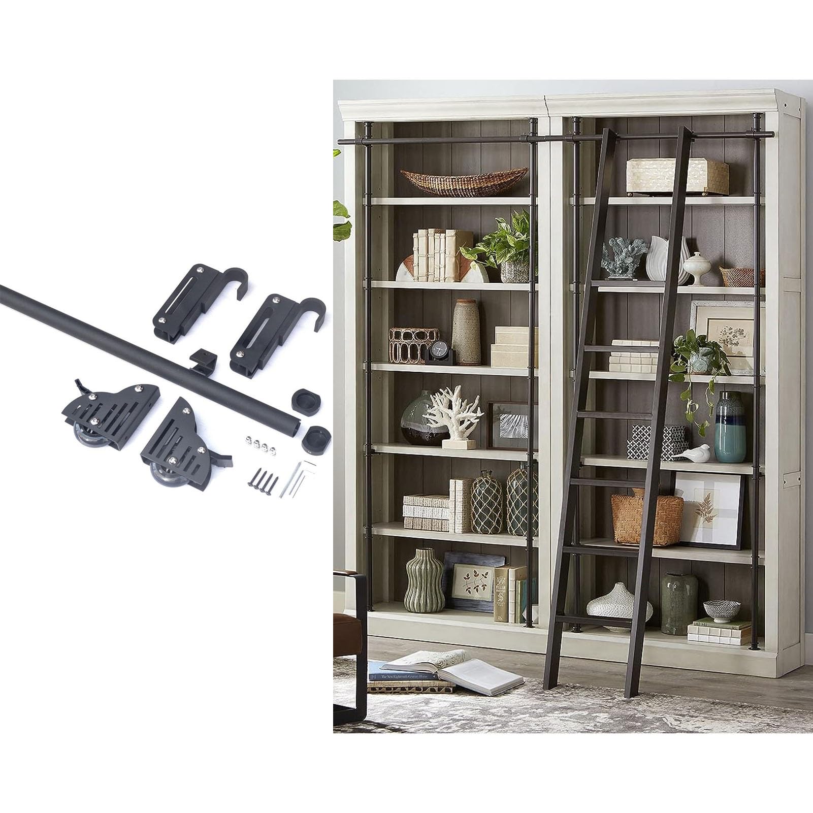 Kit de rails pour échelle de bibliothèque coulissante tube rond noir quincaillerie complète