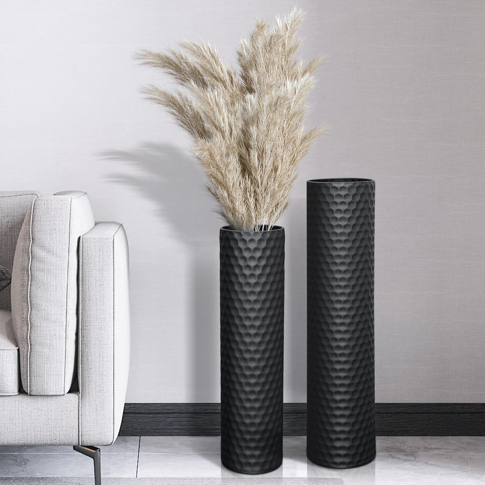 Tall Black Floor Vase: 27.7 Inch Extra Large Decorative Vases for Living Room Modern Tall Vases for Floor with Hammered Honeycomb Big Metal Standing Vase for Corner Office Home Set of 2