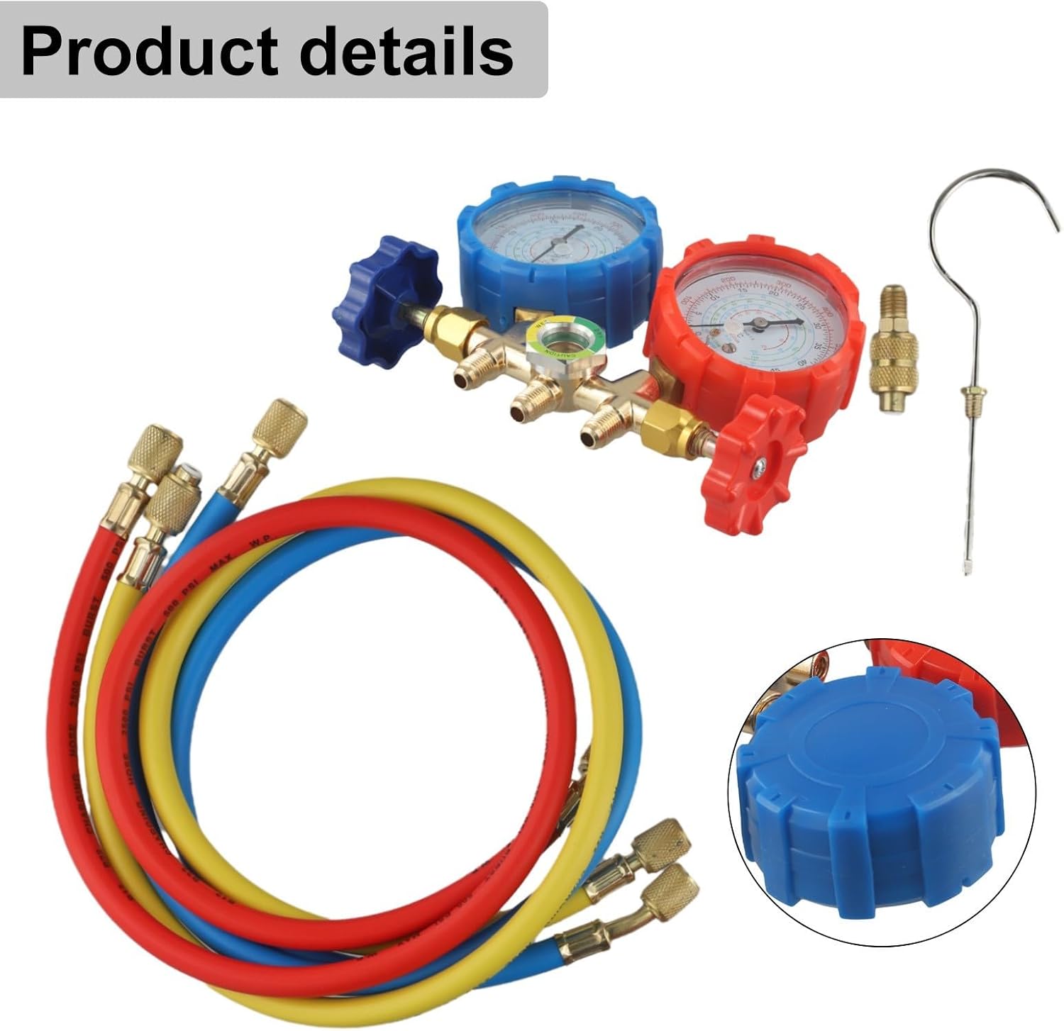 4-Way AC Manifold Gauge Set For R134A For R1234YF R12 R22,Brass Automotive Air Conditioning Diagnostic Tool Kit With 3 Color-Coded Hoses, 80Cm Length