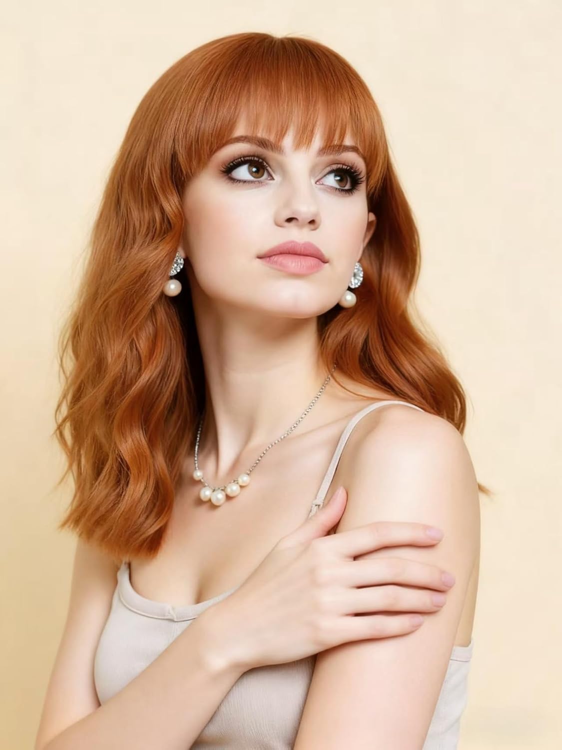 Rugelyss Short Ginger Wavy Bob Wigs for Women Synthetic Hair Wig with Bangs 14 Inches Length for Daily Wear or Halloween Party or Cosplay