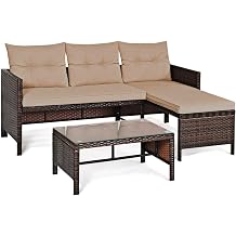 MARURY 3PCS Patio Wicker Rattan Sofa Set L-Shape Reversible Linen Fabric Sleeper Sectional Sofa Outdoor Sectional Conversation Set for Garden Lawn