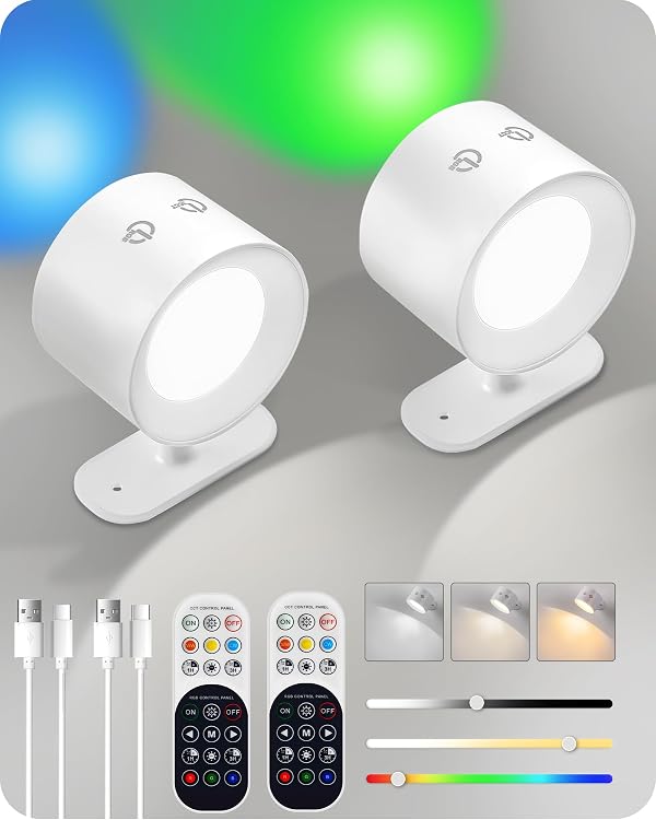 GOEBLESON Battery Operated Wall Sconce Set of 2, Rechargeable Wall Sconce with Remote Control, 3 Color Temp 3 RGB Dimmable, Cordless Wall Mount Llight for Hallway Bedroom, White W02YBP206 by GOEBLESON - Used condition - US$12.99