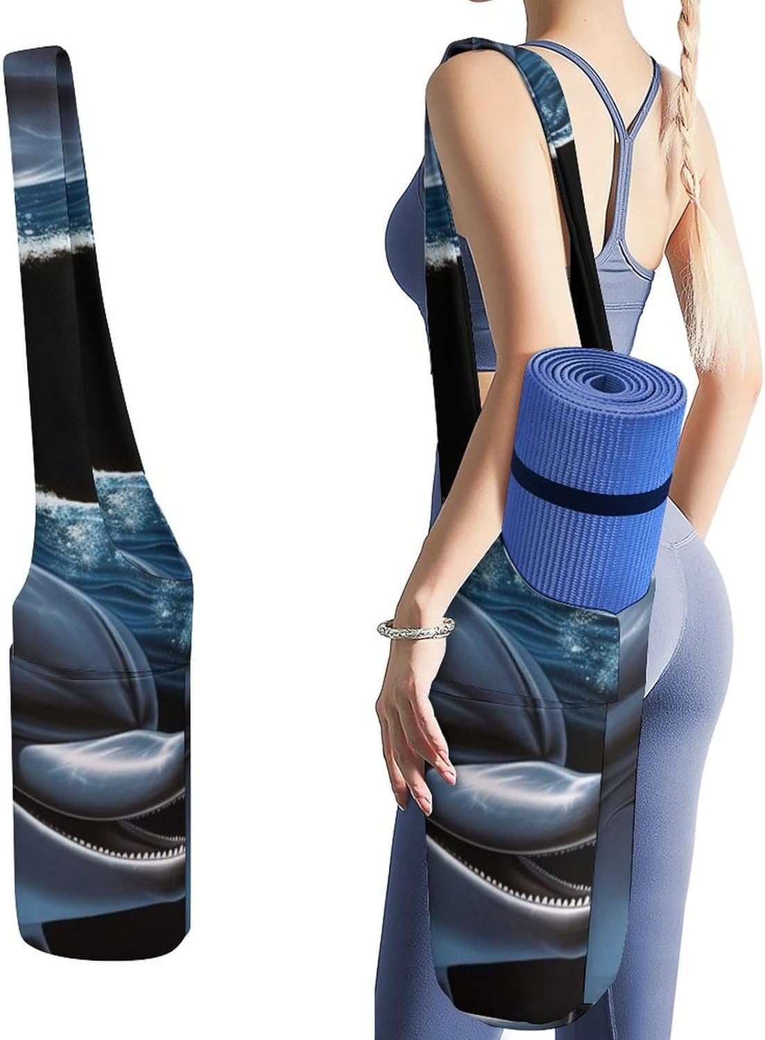 Canvas Yoga Mat Bag Dolphin Black Printed Yoga Mat Storage Bag with Strap Large Capacity Gym Bag for Men Women Pilates Beach Travel