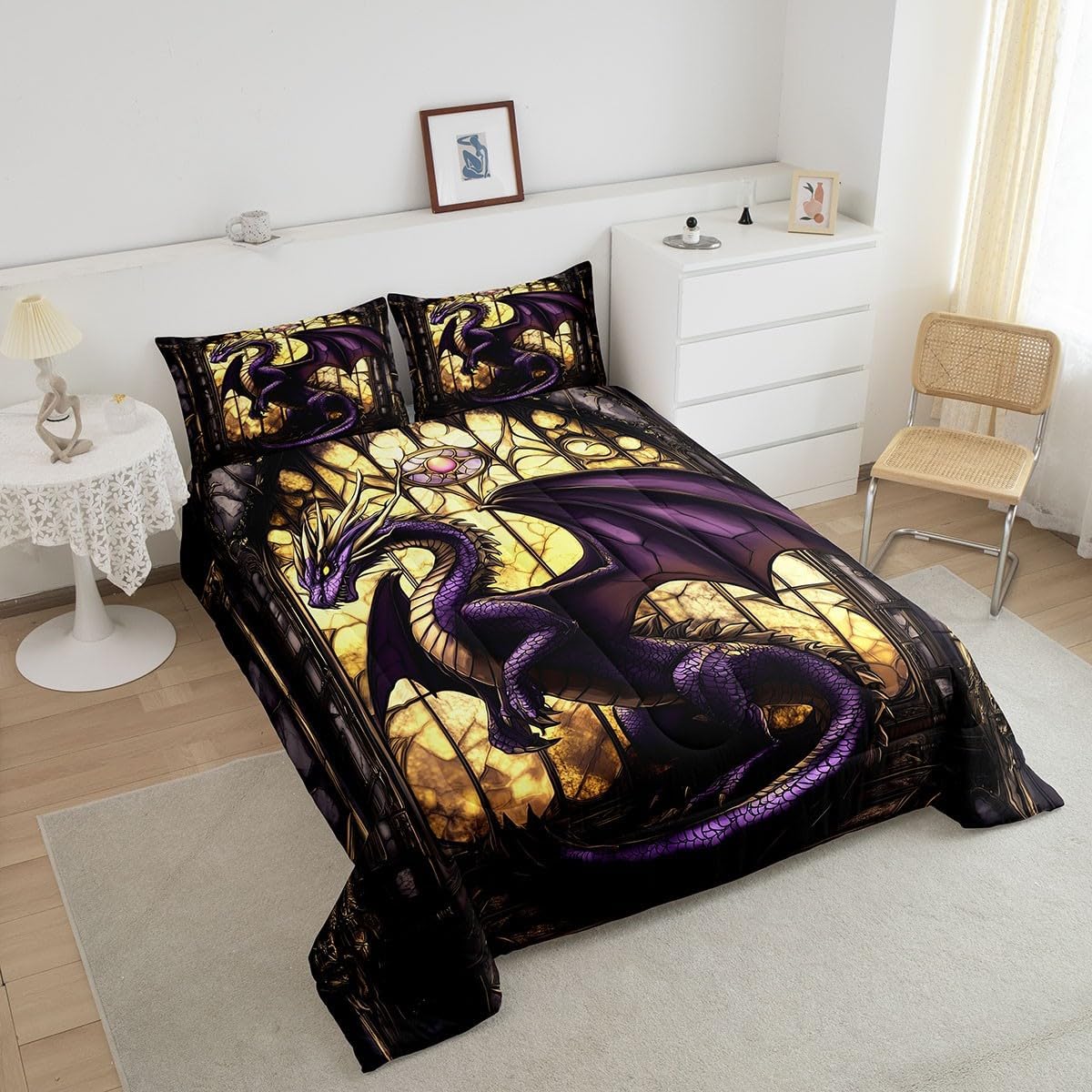 Stained Glass Dragon Comforter Set Queen Size,Western Dragon Retro Bedding Set for Kids Boys Girls Room Decor,Geometric Abstract Art Duvet Insert 3Pcs,Purple Dragon Vintage Quilt Set,2 Pillowcases
