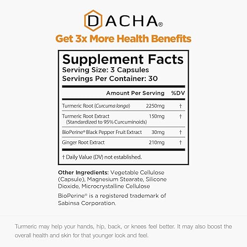 Miniatura 2 de DACHA Suplemento de curcumina tumérica, 2250 mg de apoyo articular suplementos de cúrcuma con pimienta negra jengibre 95% curcuminoides cápsulas