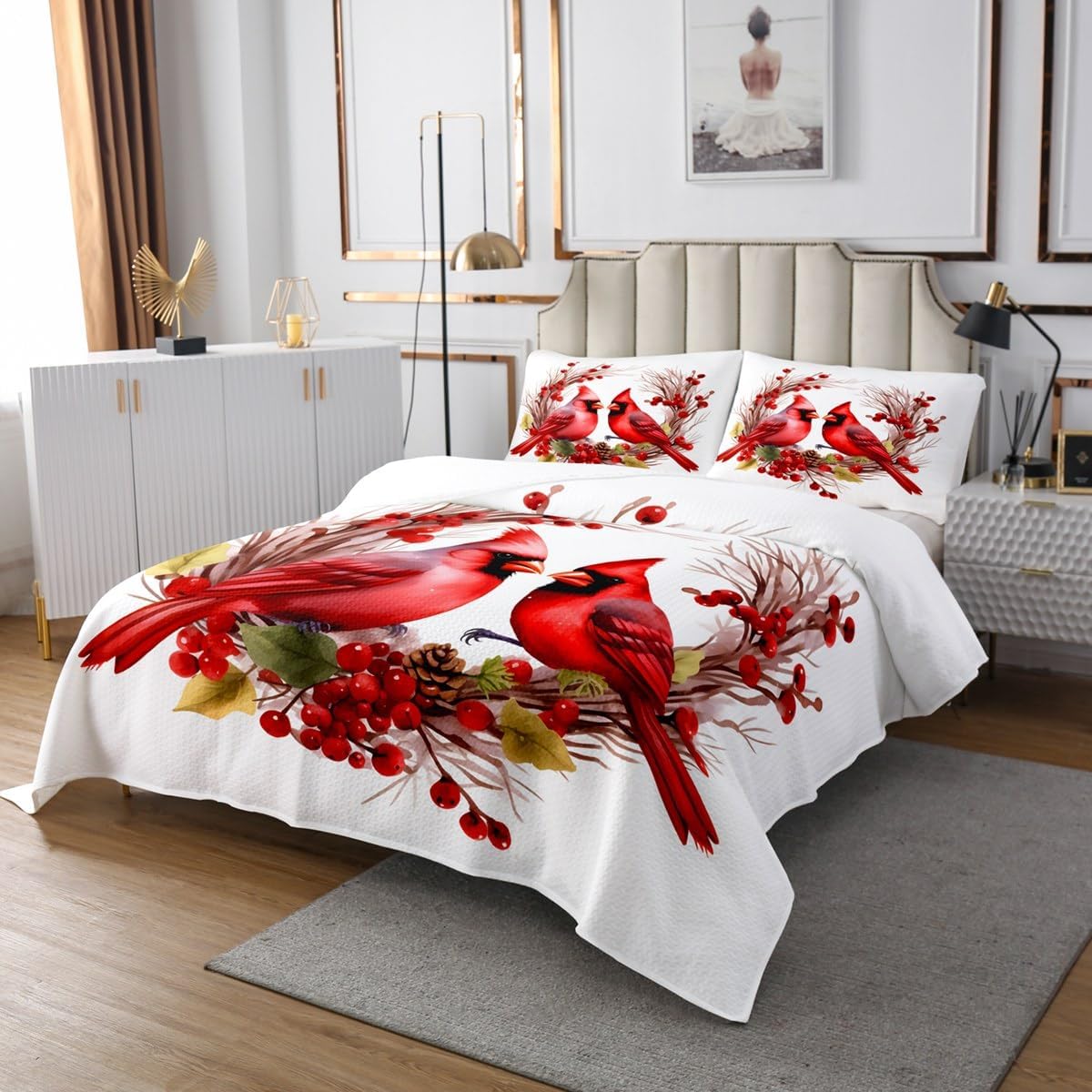 jejeloiu Red Cardinals Bedspread Queen Size Kids Pine Cones Quilted Coverlet for Boys Girls Teens Cute Birds Coverlet Set Romantic Love Quilted Room Decorations