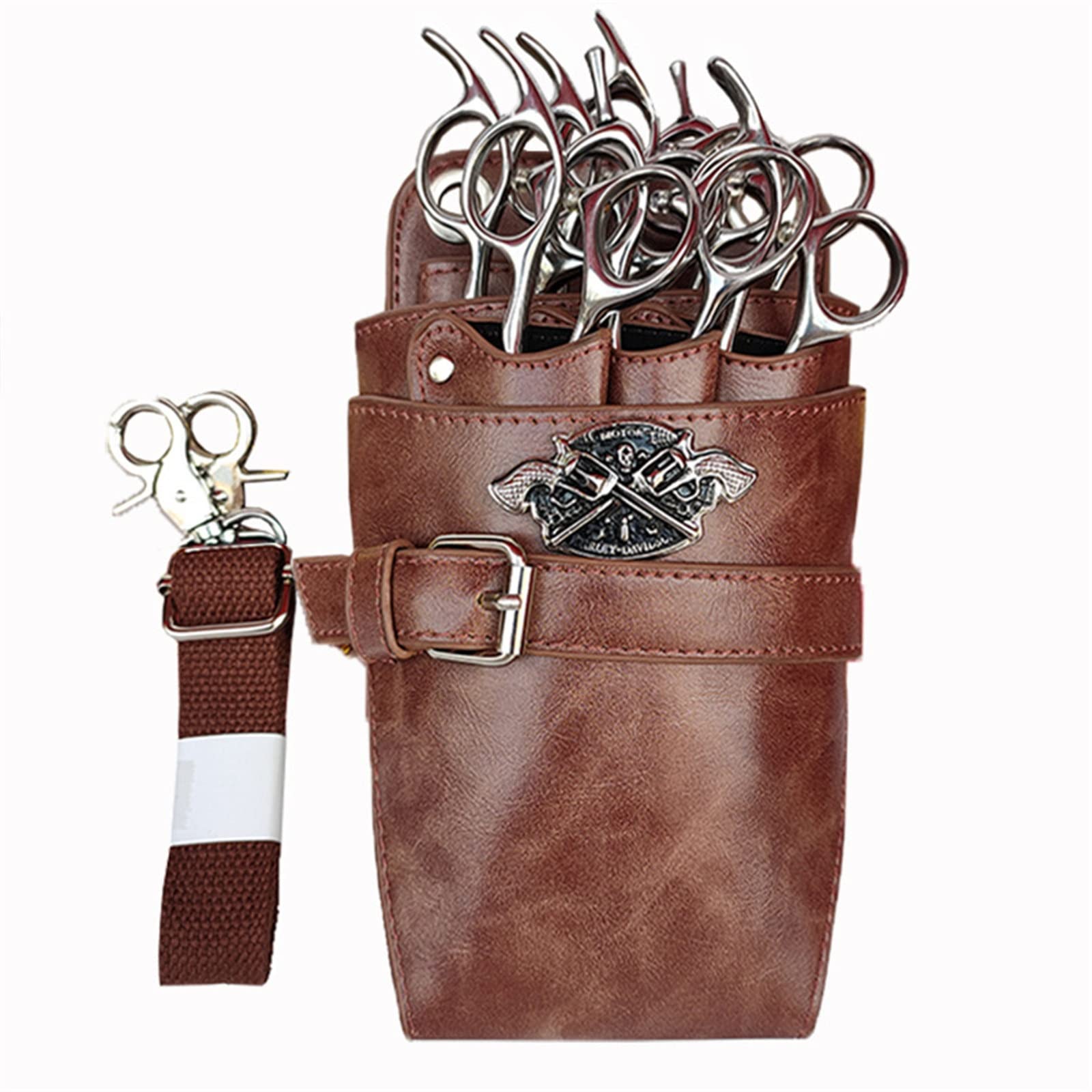 FDEFIRTFG Hairdressing Tool Belt Bag, Leather Scissors Pouch Hair Hairdressing Waist Bag for Hairdressers(Brown)