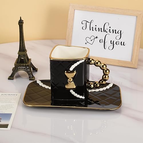 Miniatura 7 de Koythin Juego de 4 tazas de café únicas de cerámica, creativas y lindas tazas con forma de bolso con cuchara y platillo, tazas estéticas de 10 onzas