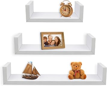 Greenco Set of 3 Floating U Shelves, Easy-to-Assemble Floating Wall Mount Shelves for Bedrooms and Living Rooms, White Finish