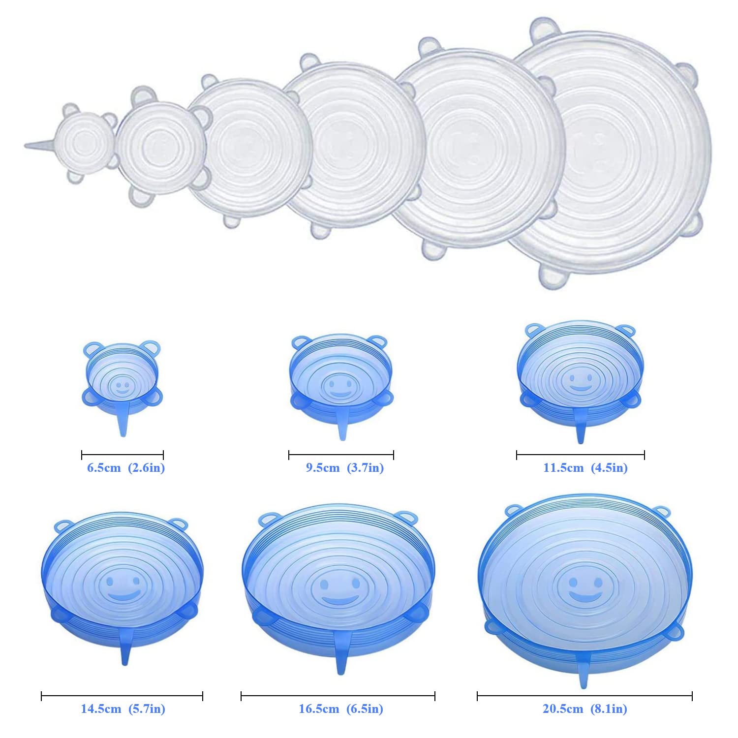 Stretch Lid, 12Piece Reusable Silicone Stretch Lid, 6 Sizes Stretch Food Holder Lid for Cans, Bowls & Cups, Fruit, Microwave Dishwasher Safe (Blue + White) — Amazon image 2