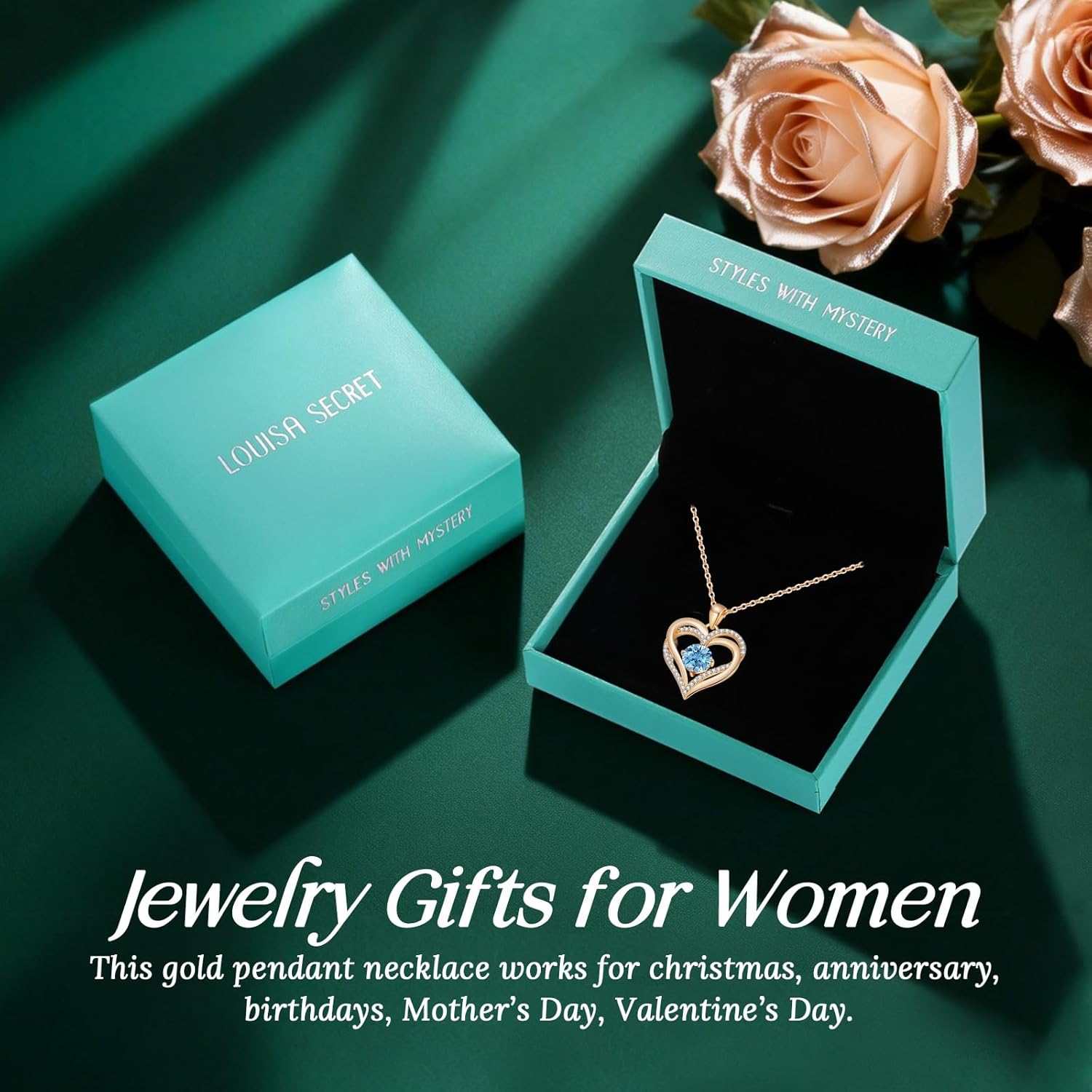 LOUISA SECRET Love Heart Birthstone Necklaces for Women, Birthday Gift for Girlfriend, Anniversary Jewelry Gift for Wife Her, 925 Sterling Silver Women Pendant Necklace, Mother's Day Christams Gift - Image 4