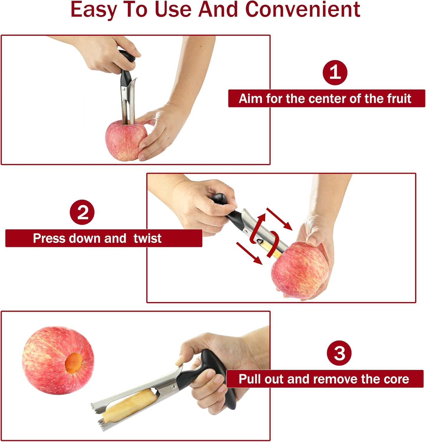 Apple Corer - Ergonomics Handle with Sharp Serrated Blade, Stainless Steel Apple Corer Remover Tool, Easy to Use for Fruit Vegetable and Baking, Dishwasher Safe - Black