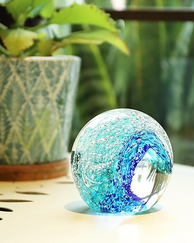 Bdor Esfera de vidrio soplado a mano olas del océano, pisapapeles azul, bola decorativa, arte de cristal de mar, cristal coleccionable, decoración