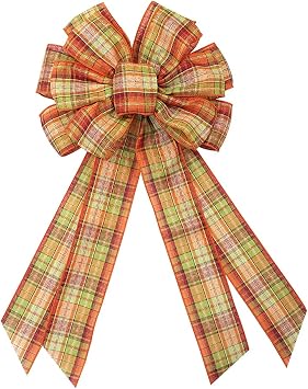 ABTOLS Large Fall Bow Wreath Autumn Thanksgiving Yellow Orange Plaid Bows for Farmhouse Wreath Indoor Outdoor Holiday Party Door Wall Decoration