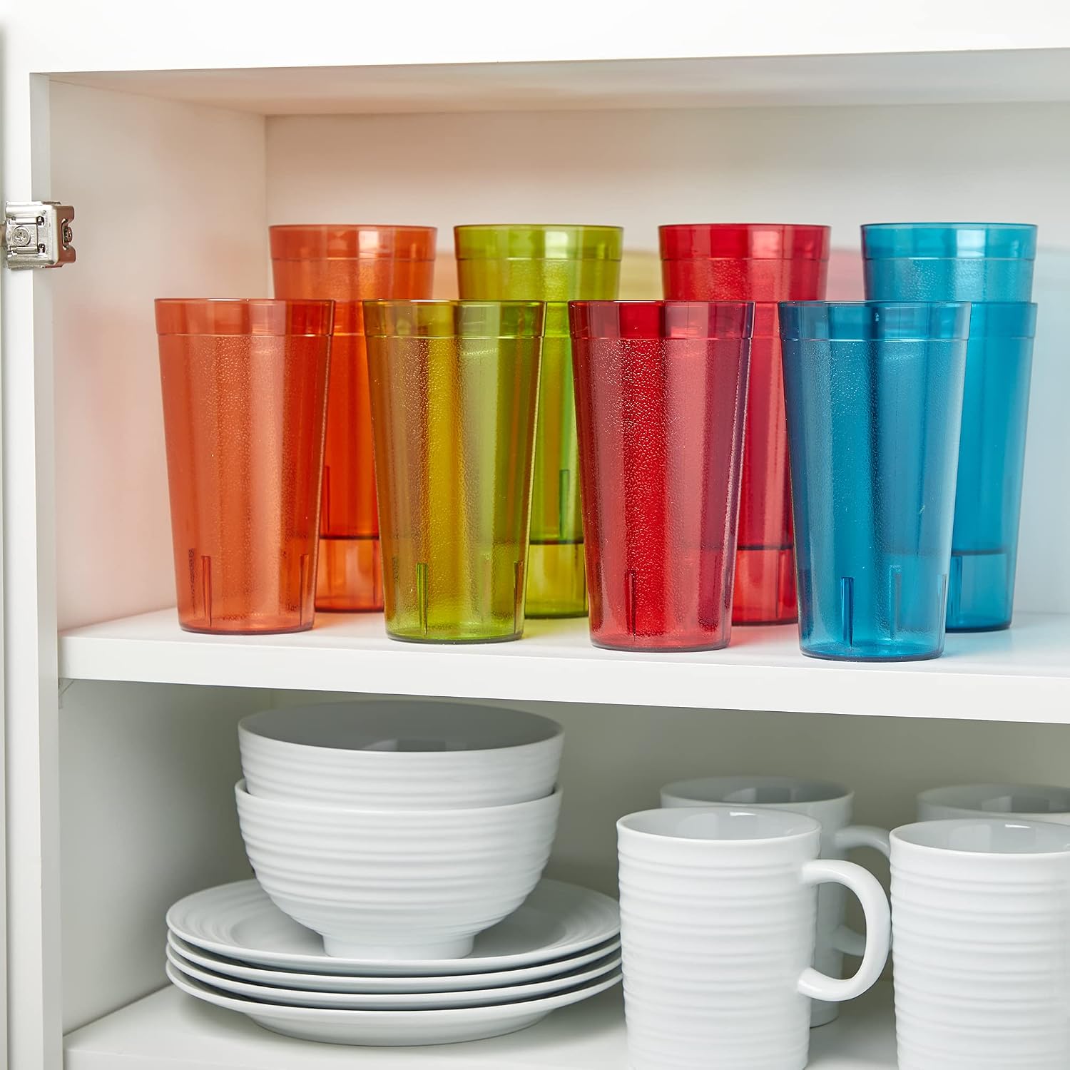 US Acrylic Café 20 ounce Plastic Restaurant Style Stackable Water Tumblers in 4 Assorted Colors, Value Set of 12 Drinking Cups, Reusable, BPA-free, Made in the USA, Top-rack Dishwasher Safe