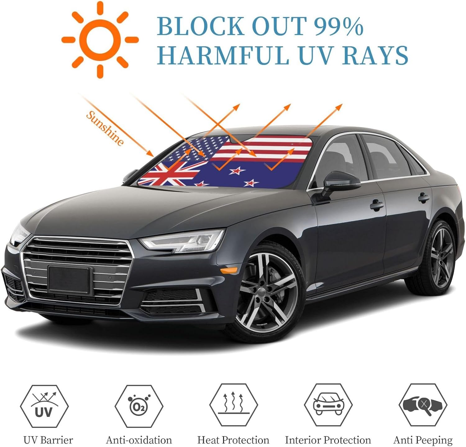 America New Zealand Friendship Flag Foldable Car Windshield Sunshade Blocks Heat and Sun Glare Uv Rays