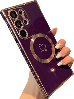 ZTOFERA Magnetic for Samsung Galaxy S24 Ultra 5G (6.8 inch) Phone Case, Compatible with MagSafe Luxury Silicone Case Cute Love Heart Pattern for Girls Women Protective Case, Dark Violet | 15 cm, kompatibel med MagSafe, sött kärlekshjärtmönster, flexibelt mjukt silikonfodral, för flickor kvinnor, skyddsfodral