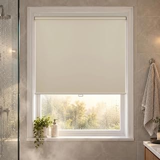 HESTIA No Drill Cordless Blackout Roller Shades Screwless Waterproof Shower Window Blinds, Auto-Retraction Easy Install Blind for Bathroom/Kitchen/Office/Exterior, Cream, 25.5" W x 54" H