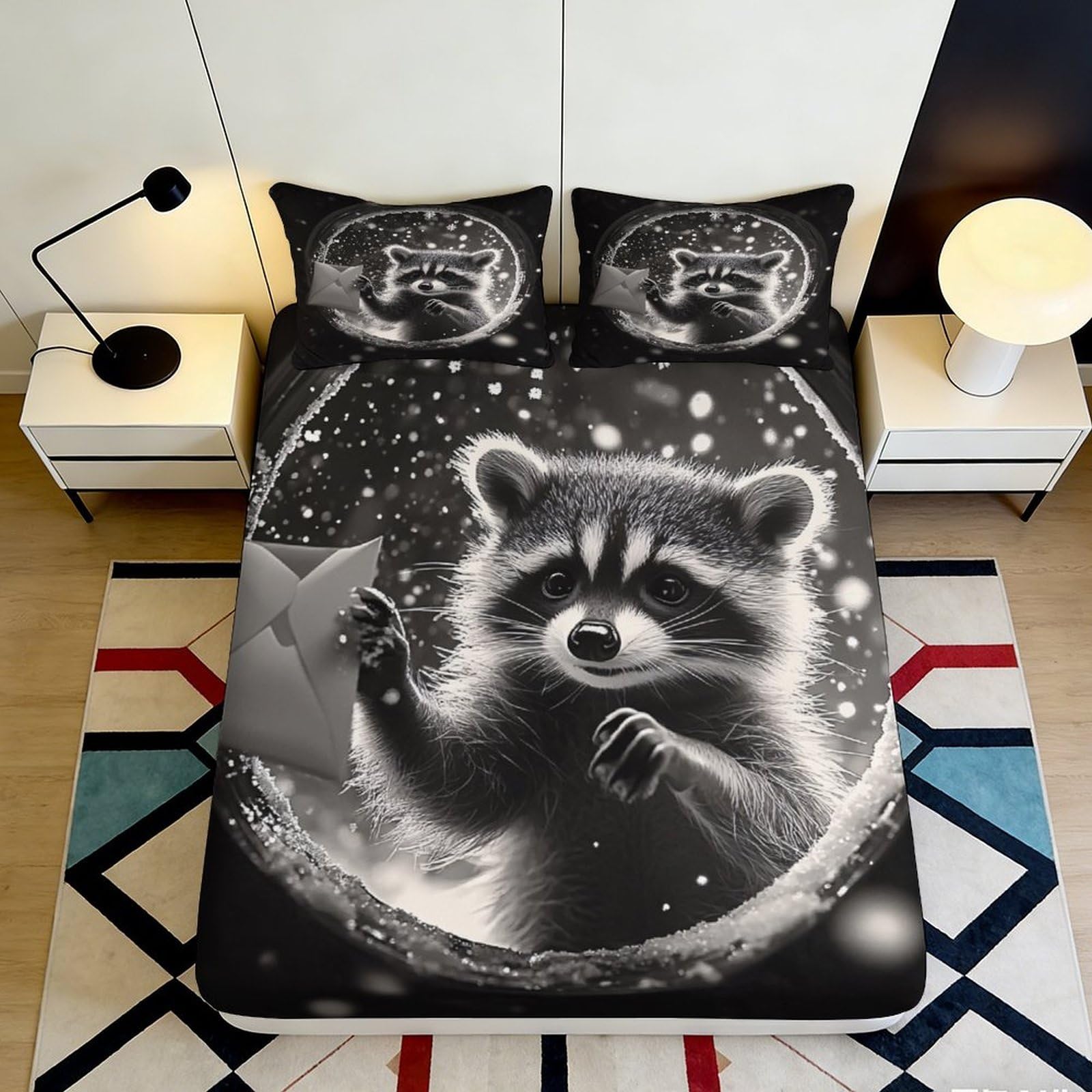 3D Printed Moonlight Raccoon Fitted Sheet Microfiber Soft Bed Cover for Bedroom Dorm Mattress Protection Decor 90x200x25cm