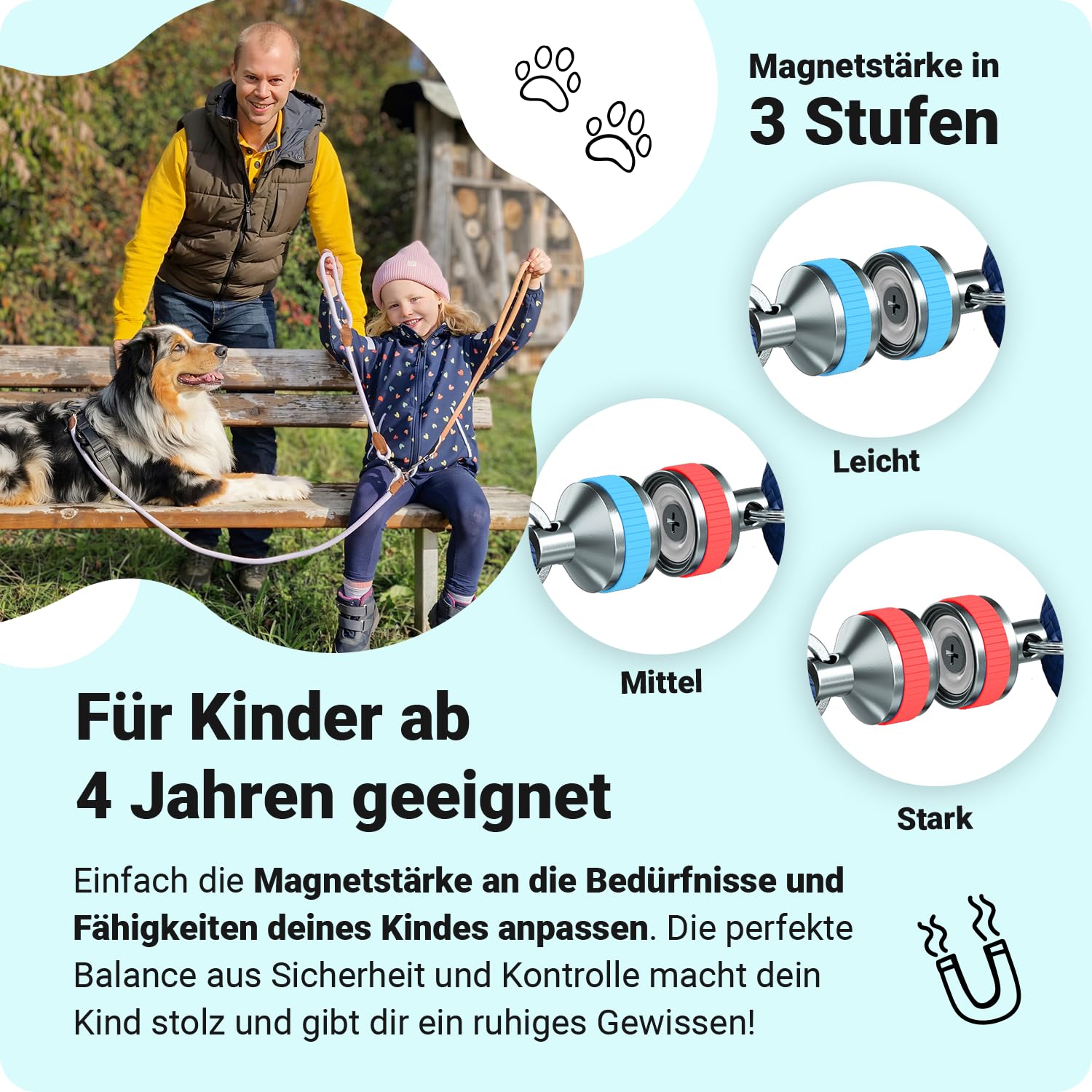little Captain Zauberleine | kindersichere Hundeleine mit Magnetschlaufe | auch für Schul-, Therapie- und Begleithunde (Flieder Lila - Mint)