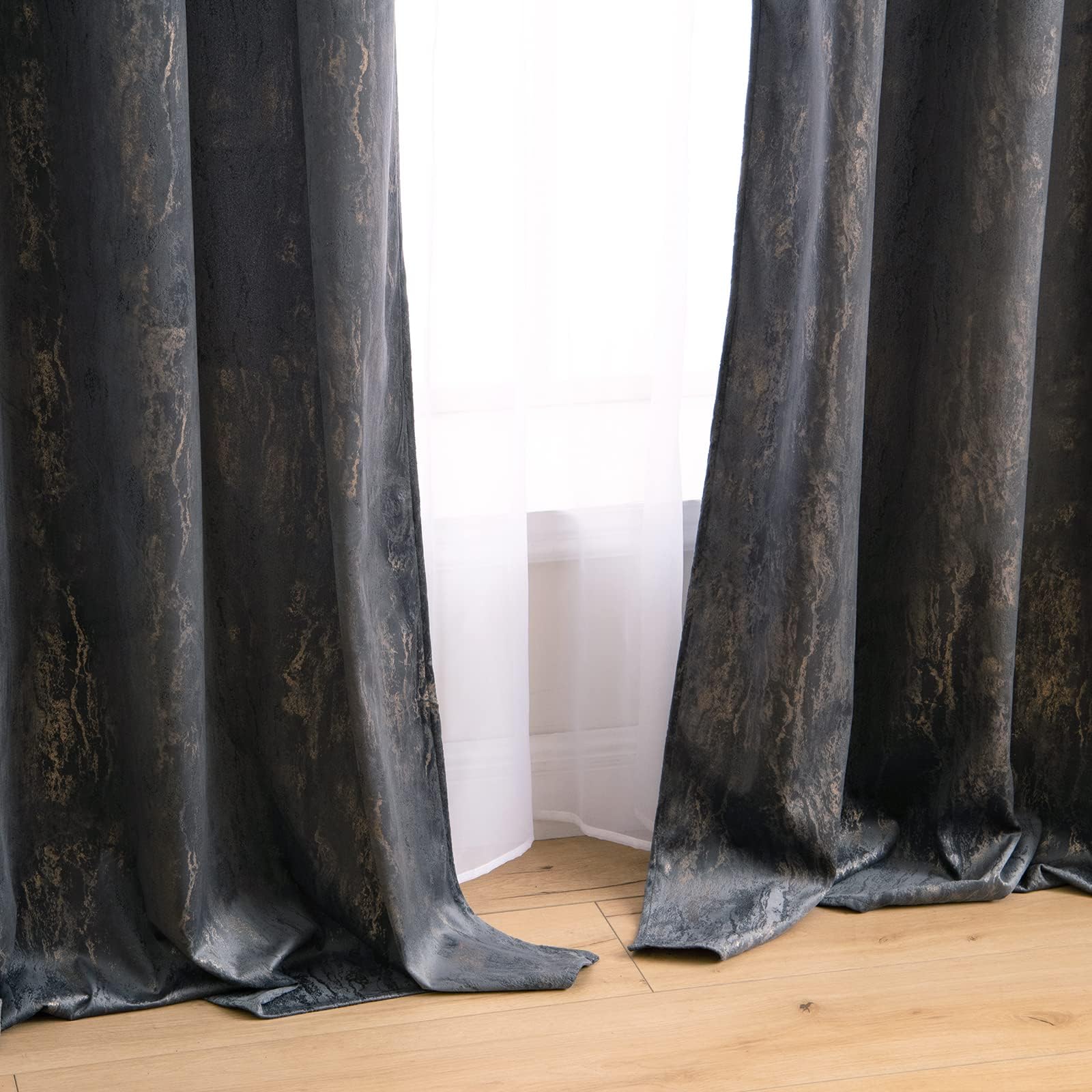 MIULEE Grey Velvet Curtains with Gold Foil,2 Panel Set 72 Inch Drop Curtains,Blackout Curtains Bedroom Super Soft Thermal Insulated Eyelet Blackout Curtains for Living Room 46 x 72 Inch - Image 3