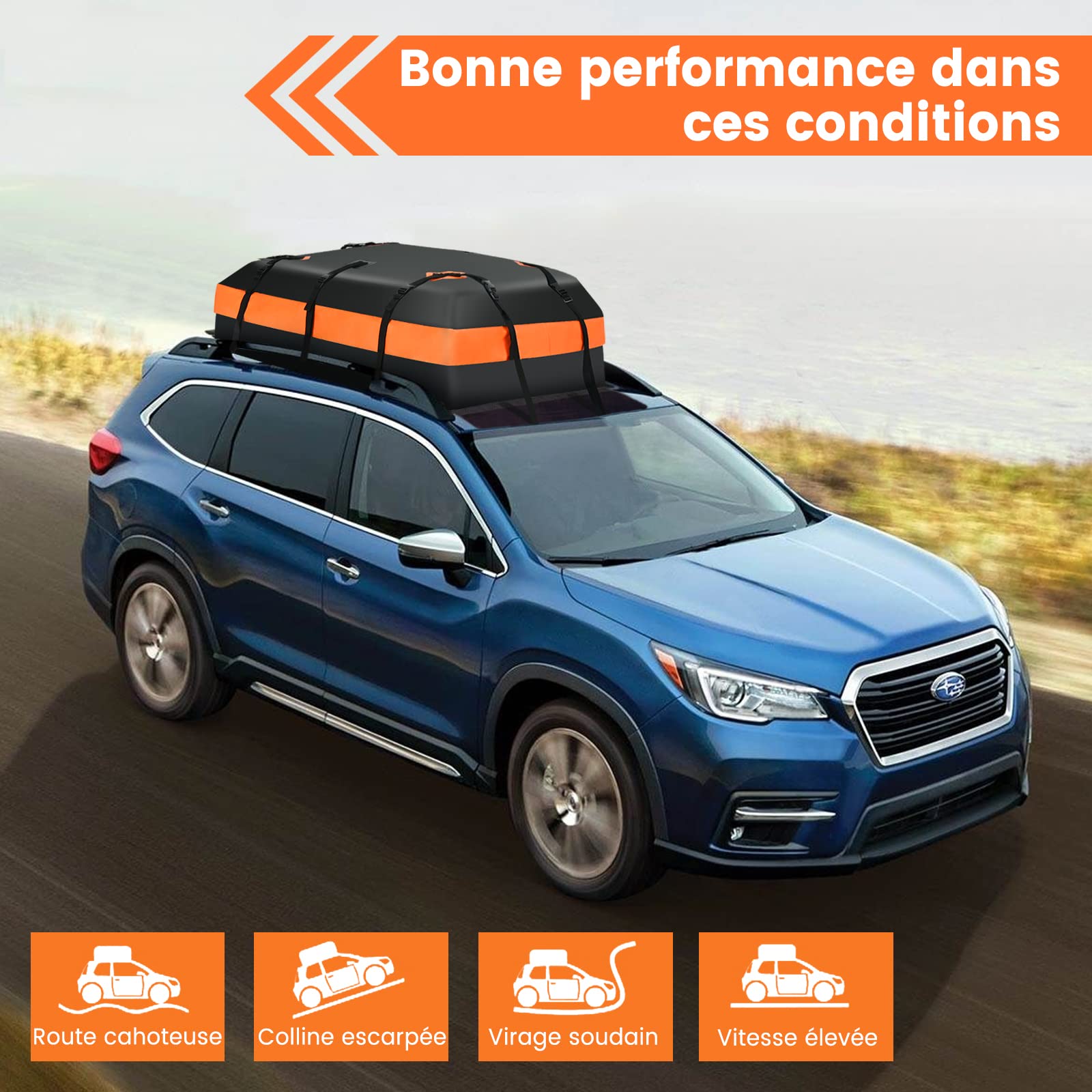 COSTWAY Coffre de Toit Voiture Étanche 424 L avec 10 Sangles 6 Crochets de Porte, Sac à Bagages avec Serrure à Combinaison Tapis Antidérapant Sac de Rangement pour Tous Véhicules