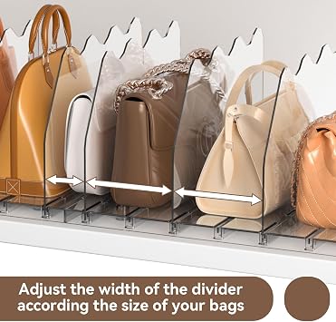 SOYO Adjustable Clear Purse Organizers for Closet, Acrylic Shelf Divider for Bag and Purse Storage, Pocketbook and Handbag Organizer, Bookshelf Separator Organizers for House, Office Use, Clear,2pc