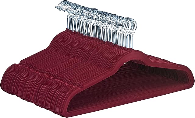 Amazon Basics Slim, Velvet Non-Slip Suit Clothes Hangers, Burgundy/Silver  Pack of 50