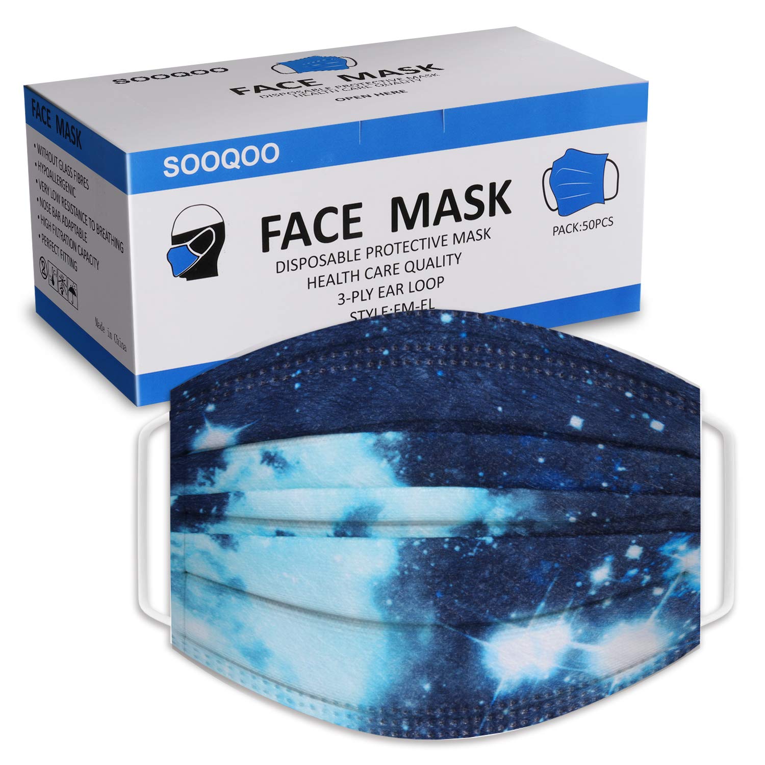 SOOQOO Disposable Face Mask Individually Wrapped 50 Pack, Printed
