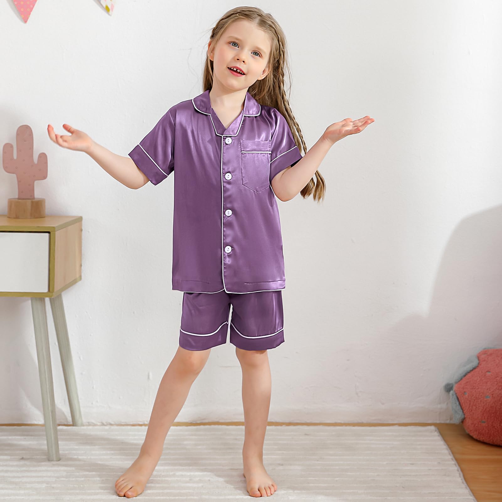 Conjunto de pijama de satén de seda con botones para niñas y niños, ropa de dormir de 2 piezas, regalo para bebés y niñas