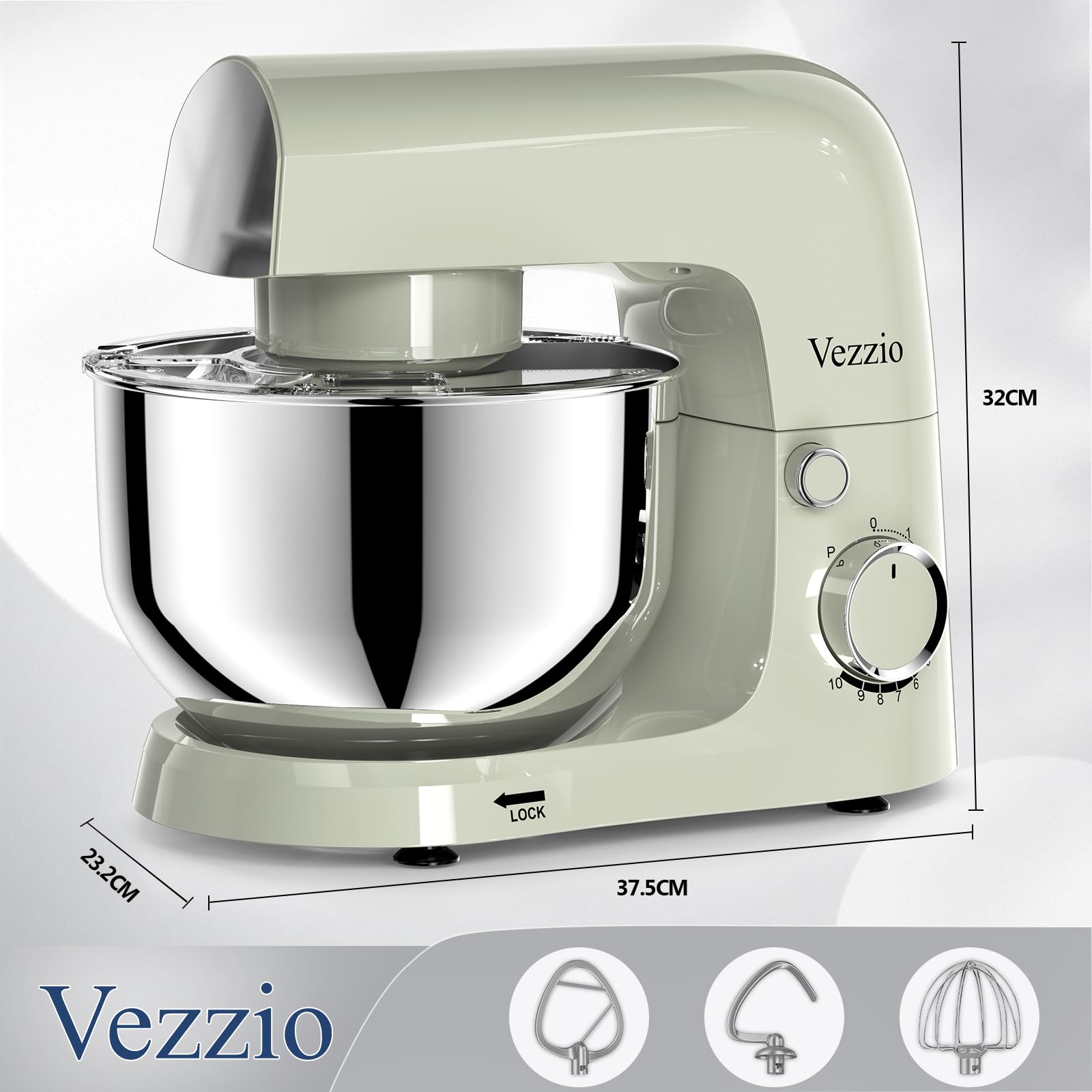 Vezzio Knetmaschine zum Backen, 1500 Watt Kompaktkneter, 10-stufiger geräuscharmer Teigkneter mit 4,5-Liter-Schüssel, inkl. Schneebesen, Knethaken, Rührbesen und Spritzschutz (Grün)