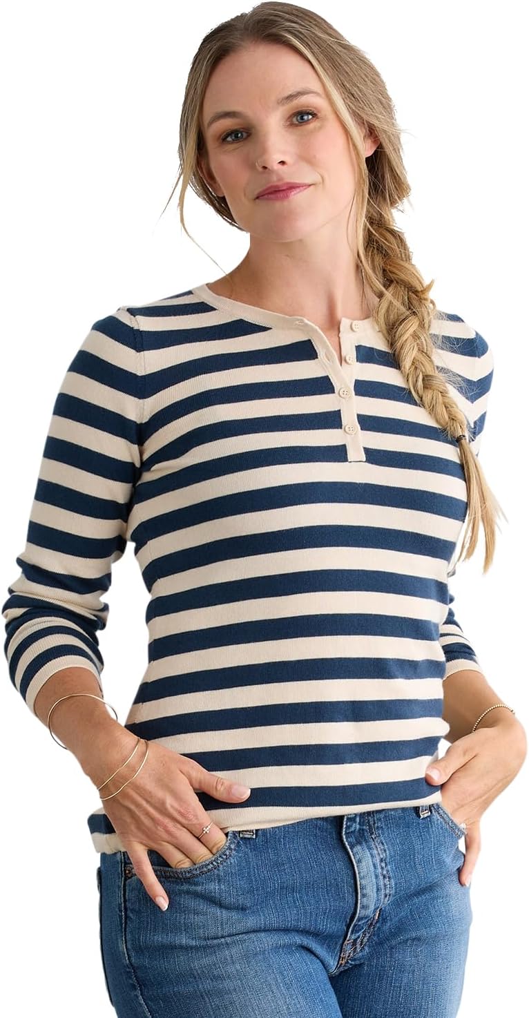 Fair Indigo Women's Organic Cotton Long Sleeve Stripe Henley Sweater