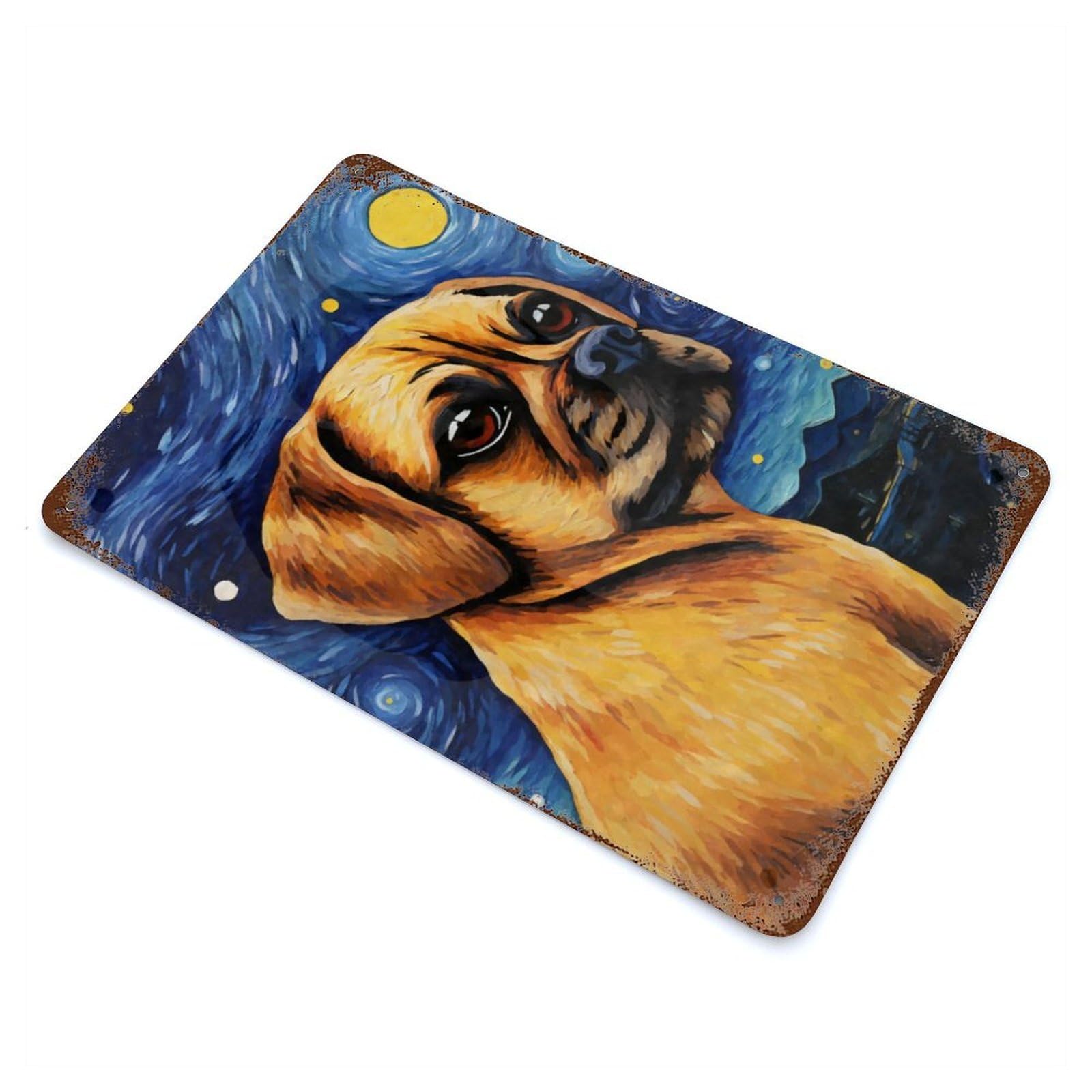 Rusty Metal Tin Sign Puggle Dog Starry Night 11.8"x7.9", Industrial Home Decor for Patio, Garden Room And Bar Decor