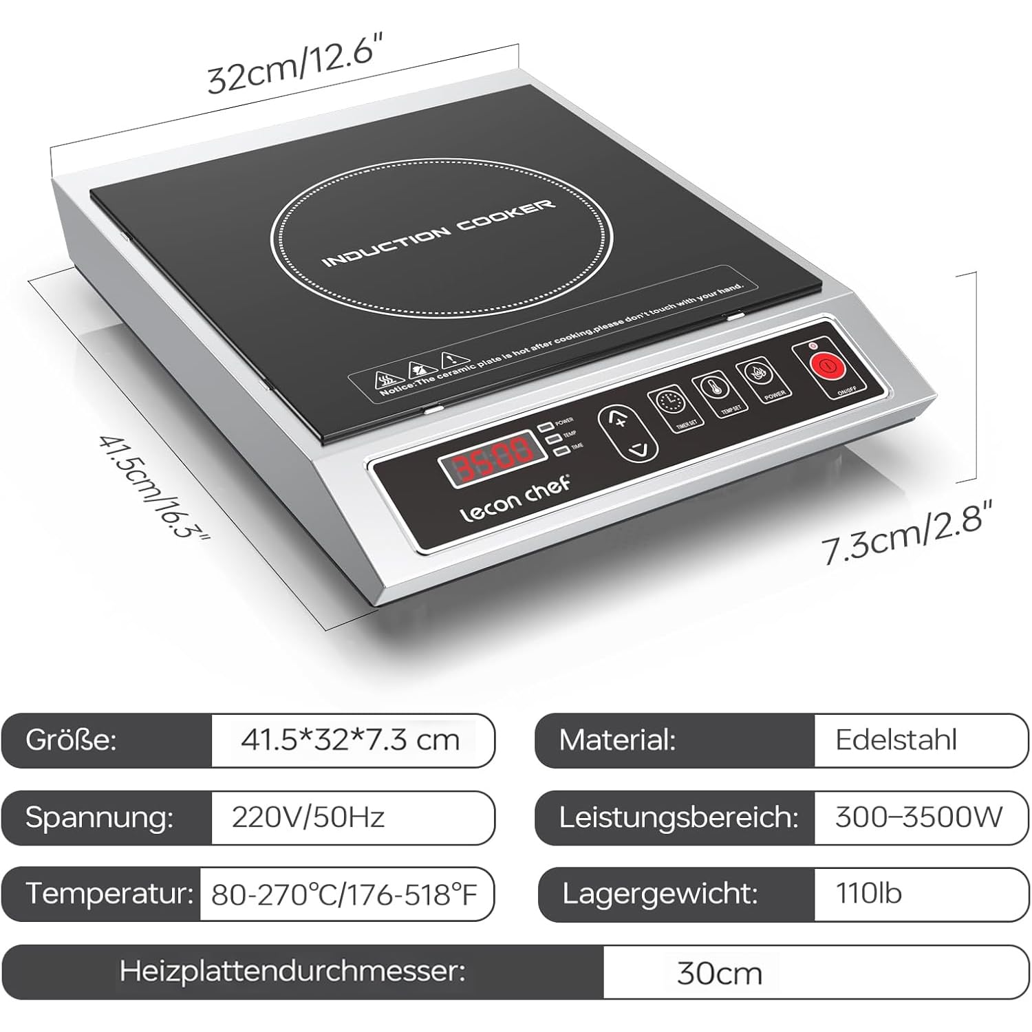 Induktionskochplatte, 3500W Einzelinduktionskochfeld, Kochplatten, 50KG Große Tragfähigkeit Edelstahlgehäuse, 24-Stunden-Timer, Ultradünnem tragbar Design