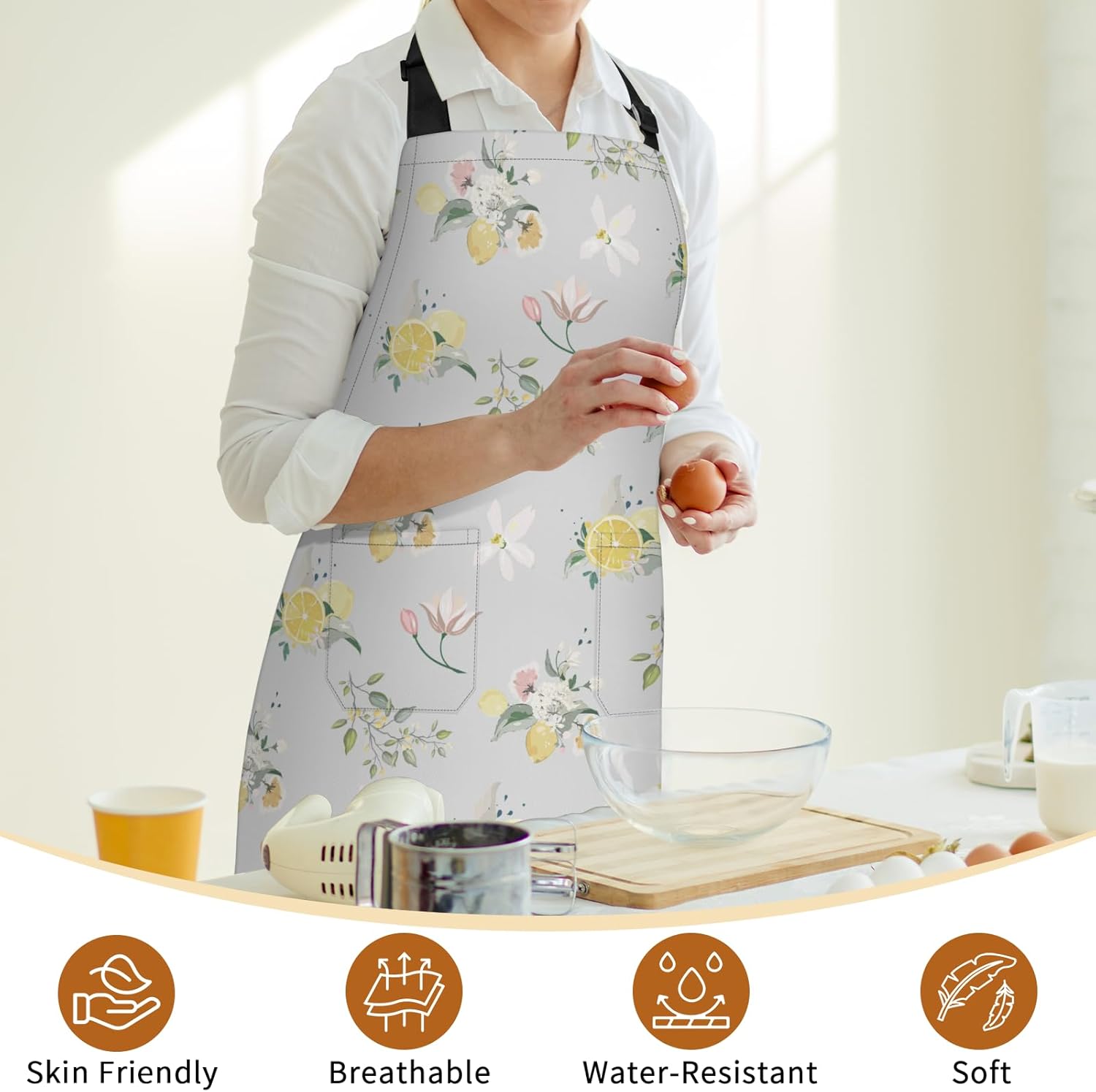 Fresh Lemon Aprons for Women with Pockets, Adjustable Kitchen Apron, Light Green Flower Apron for Kitchen, Cleaning, Gardening - Image 4